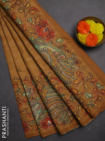 Semi raw silk saree mustard yellow with plain body and long kalamkari printed embroidery border
