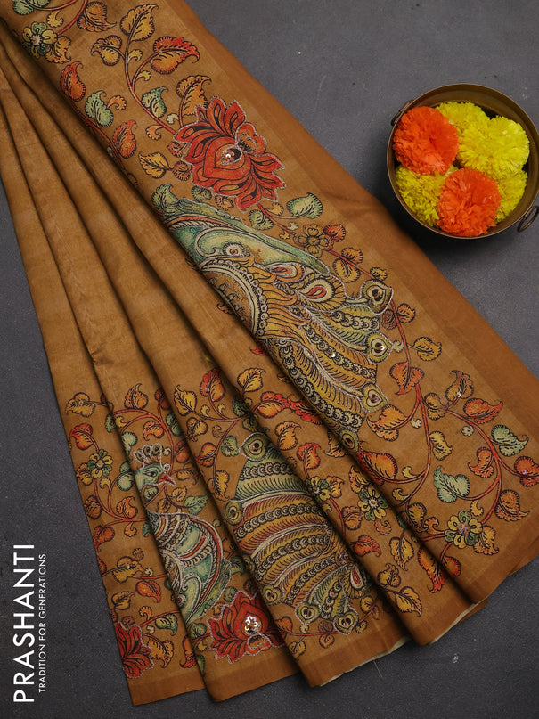 Semi raw silk saree mustard yellow with plain body and long kalamkari printed embroidery border