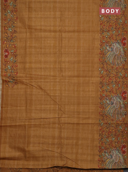 Semi raw silk saree mustard yellow with plain body and long kalamkari printed embroidery border