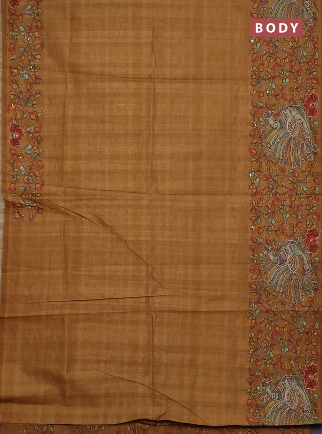 Semi raw silk saree mustard yellow with plain body and long kalamkari printed embroidery border