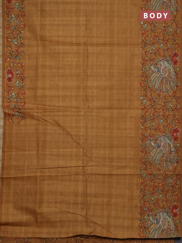 Semi raw silk saree mustard yellow with plain body and long kalamkari printed embroidery border
