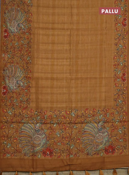 Semi raw silk saree mustard yellow with plain body and long kalamkari printed embroidery border