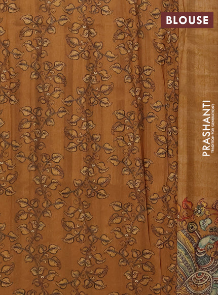 Semi raw silk saree mustard yellow with plain body and long kalamkari printed embroidery border