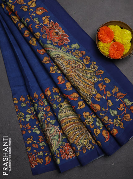 Semi raw silk saree navy blue with plain body and long kalamkari printed embroidery border