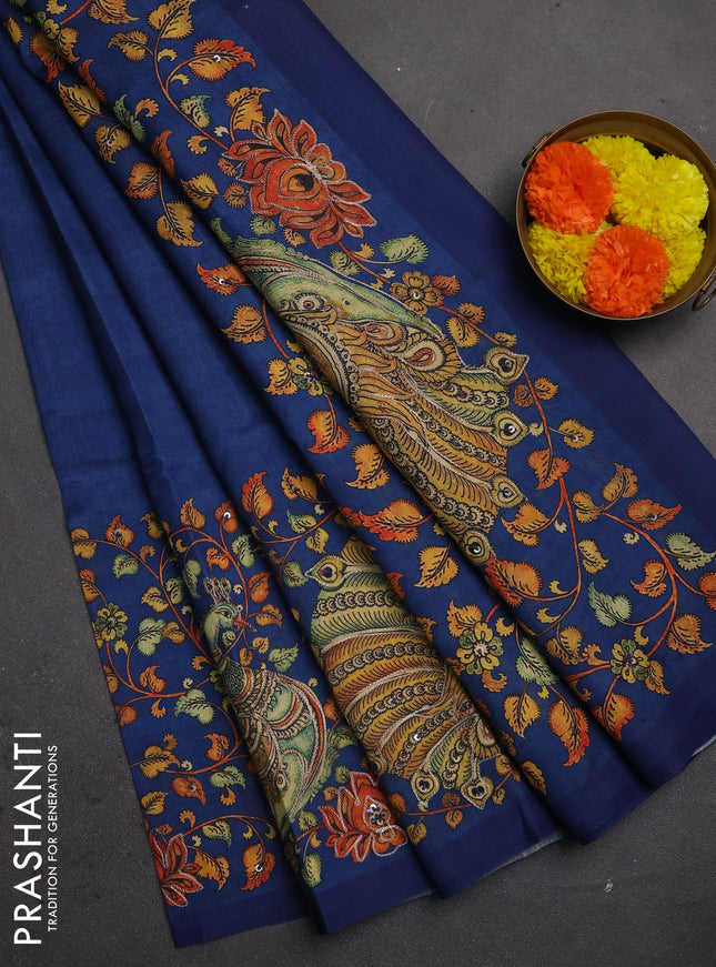 Semi raw silk saree navy blue with plain body and long kalamkari printed embroidery border