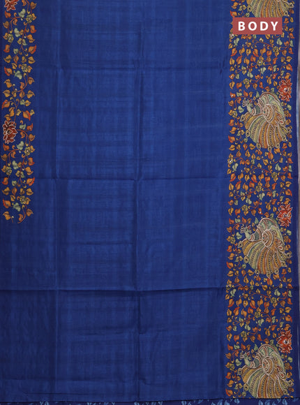 Semi raw silk saree navy blue with plain body and long kalamkari printed embroidery border