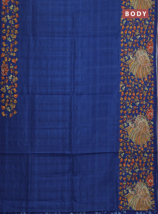 Semi raw silk saree navy blue with plain body and long kalamkari printed embroidery border