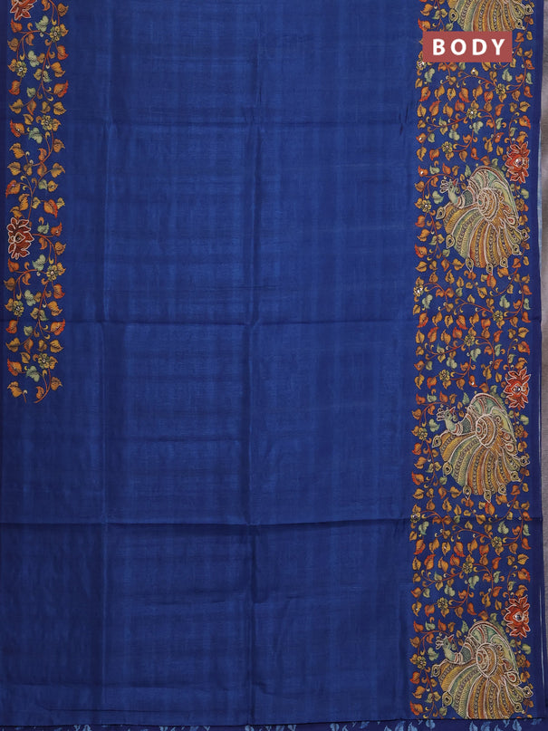 Semi raw silk saree navy blue with plain body and long kalamkari printed embroidery border