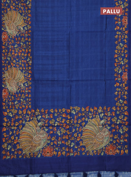 Semi raw silk saree navy blue with plain body and long kalamkari printed embroidery border