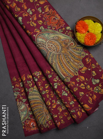 Semi raw silk saree dark magenta pink with plain body and long kalamkari printed embroidery border