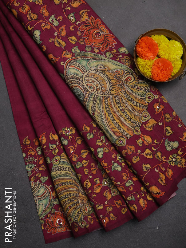 Semi raw silk saree dark magenta pink with plain body and long kalamkari printed embroidery border