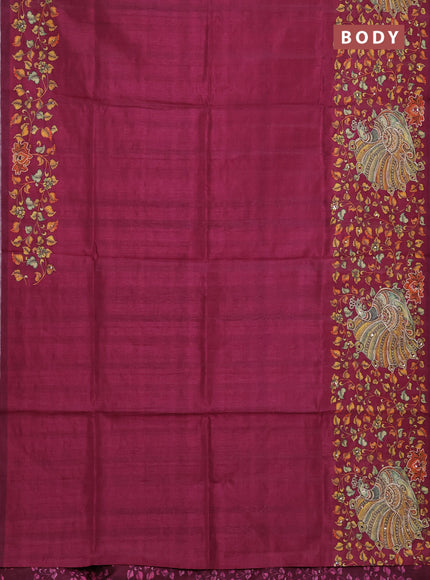 Semi raw silk saree dark magenta pink with plain body and long kalamkari printed embroidery border