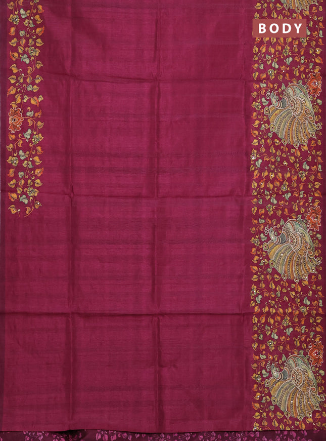Semi raw silk saree dark magenta pink with plain body and long kalamkari printed embroidery border