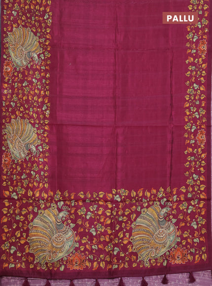 Semi raw silk saree dark magenta pink with plain body and long kalamkari printed embroidery border