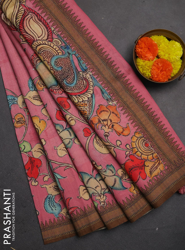 Semi raw silk saree light pink and coffee brown with mirror embroidery buttas and long kalamkari printed embroidery border