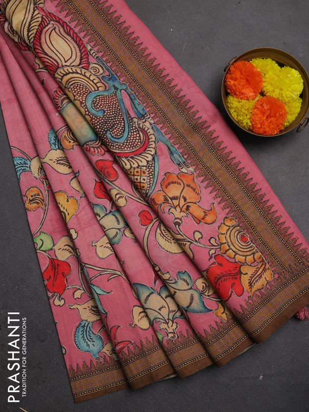 Semi raw silk saree light pink and coffee brown with mirror embroidery buttas and long kalamkari printed embroidery border
