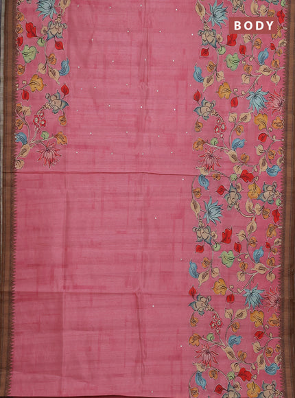 Semi raw silk saree light pink and coffee brown with mirror embroidery buttas and long kalamkari printed embroidery border