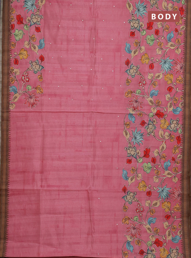 Semi raw silk saree light pink and coffee brown with mirror embroidery buttas and long kalamkari printed embroidery border