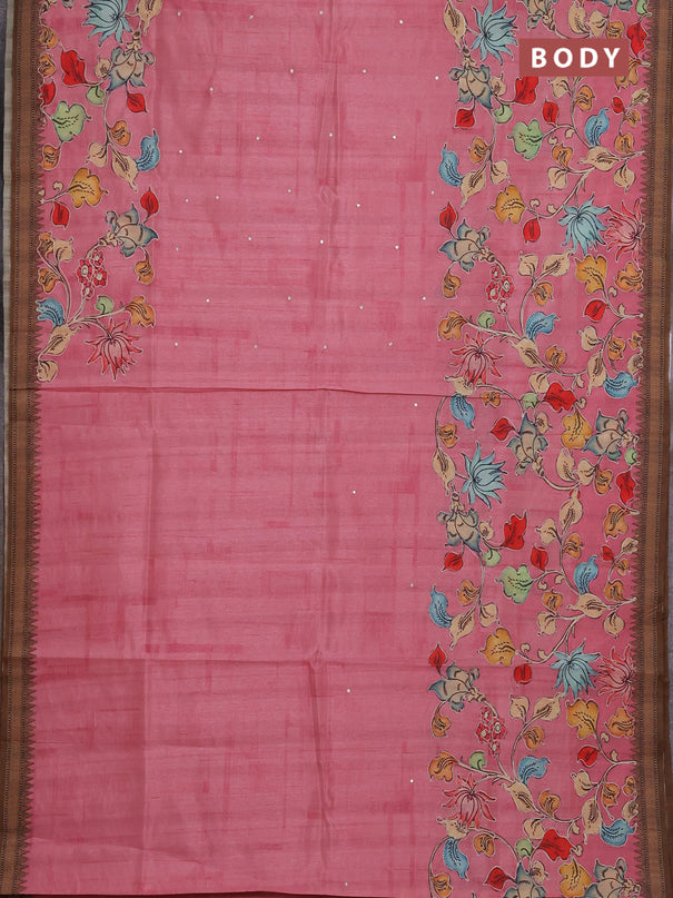 Semi raw silk saree light pink and coffee brown with mirror embroidery buttas and long kalamkari printed embroidery border