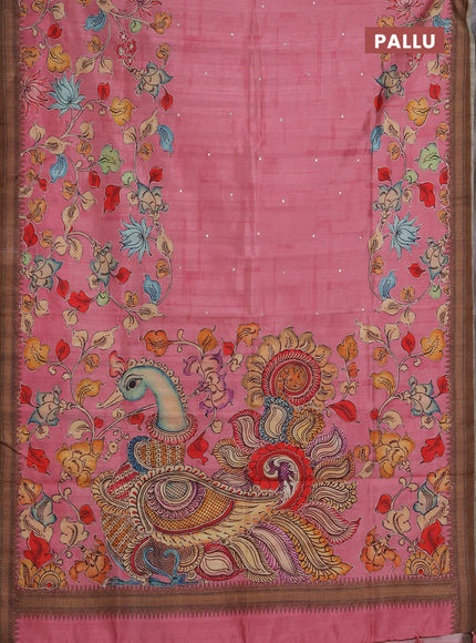 Semi raw silk saree light pink and coffee brown with mirror embroidery buttas and long kalamkari printed embroidery border