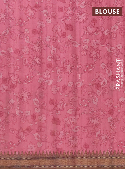 Semi raw silk saree light pink and coffee brown with mirror embroidery buttas and long kalamkari printed embroidery border