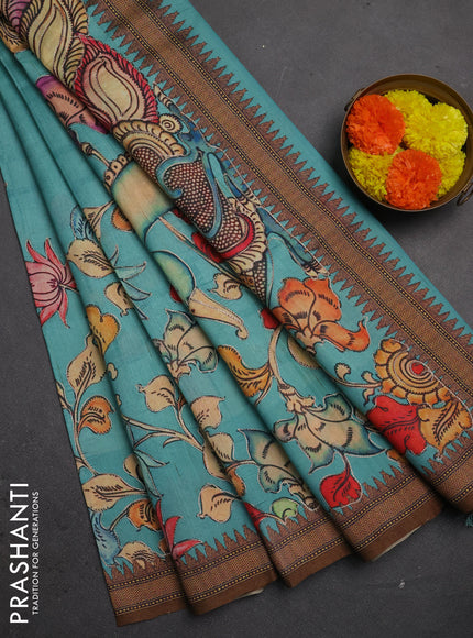 Semi raw silk saree teal blue and coffee brown with mirror embroidery buttas and long kalamkari printed embroidery border