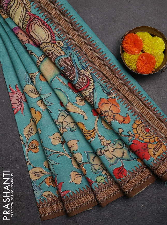 Semi raw silk saree teal blue and coffee brown with mirror embroidery buttas and long kalamkari printed embroidery border