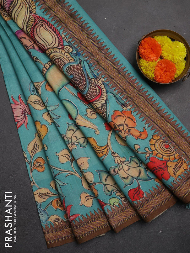 Semi raw silk saree teal blue and coffee brown with mirror embroidery buttas and long kalamkari printed embroidery border