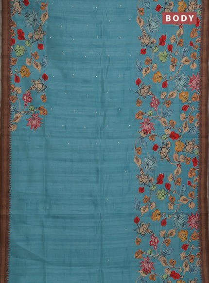 Semi raw silk saree teal blue and coffee brown with mirror embroidery buttas and long kalamkari printed embroidery border