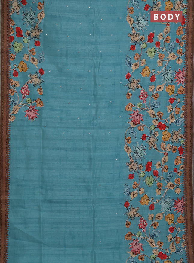 Semi raw silk saree teal blue and coffee brown with mirror embroidery buttas and long kalamkari printed embroidery border