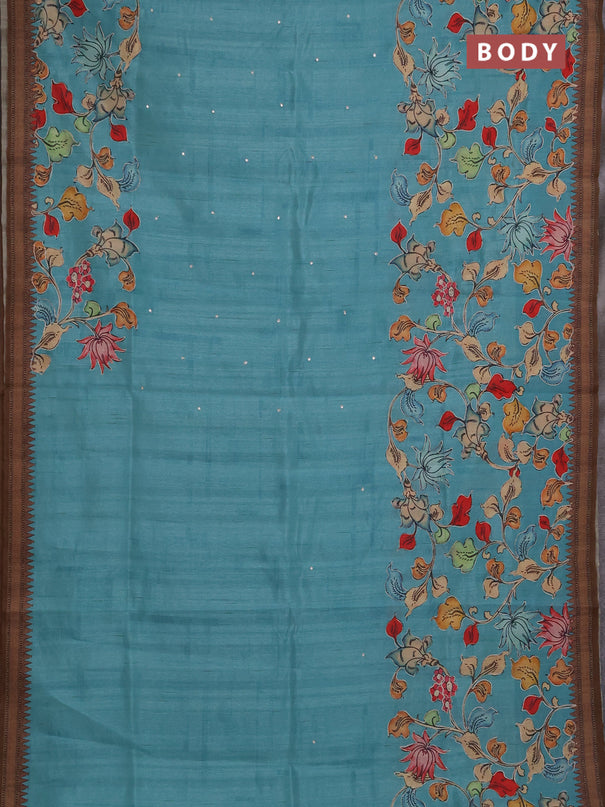 Semi raw silk saree teal blue and coffee brown with mirror embroidery buttas and long kalamkari printed embroidery border