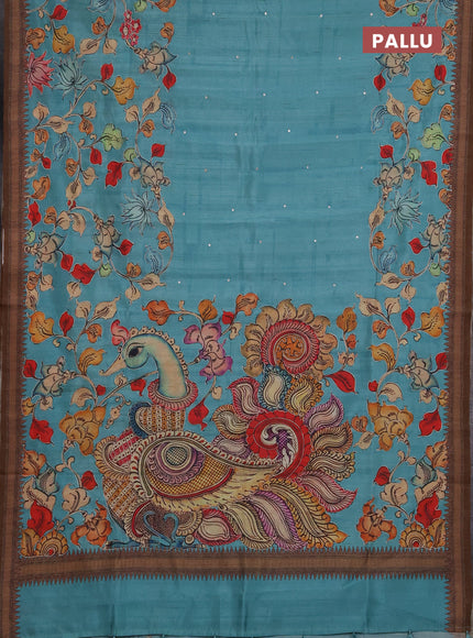 Semi raw silk saree teal blue and coffee brown with mirror embroidery buttas and long kalamkari printed embroidery border