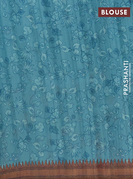 Semi raw silk saree teal blue and coffee brown with mirror embroidery buttas and long kalamkari printed embroidery border