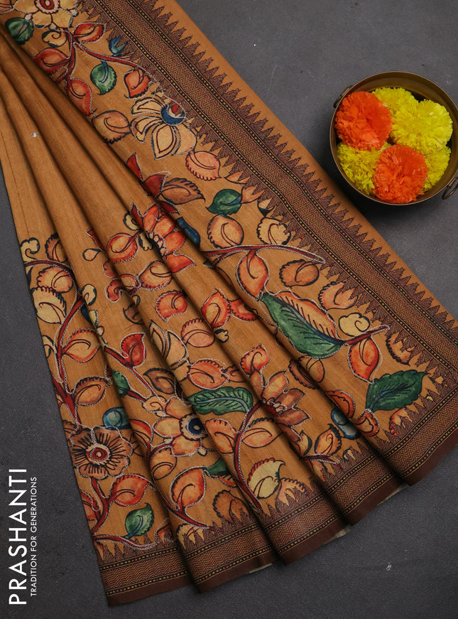 Semi raw silk saree rustic orange shade and coffee brown with mirror embroidery buttas and long kalamkari printed embroidery border