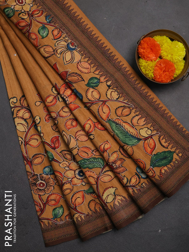 Semi raw silk saree rustic orange shade and coffee brown with mirror embroidery buttas and long kalamkari printed embroidery border