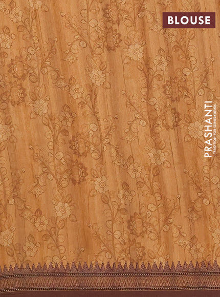 Semi raw silk saree rustic orange shade and coffee brown with mirror embroidery buttas and long kalamkari printed embroidery border
