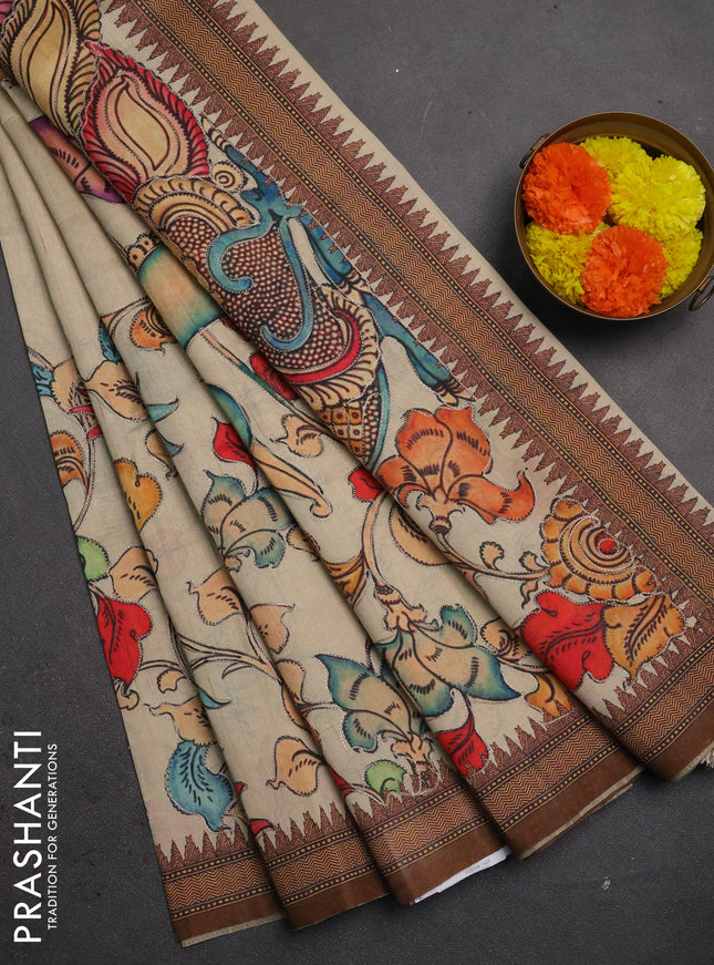 Semi raw silk saree beige and coffee brown with mirror embroidery buttas and long kalamkari printed embroidery border