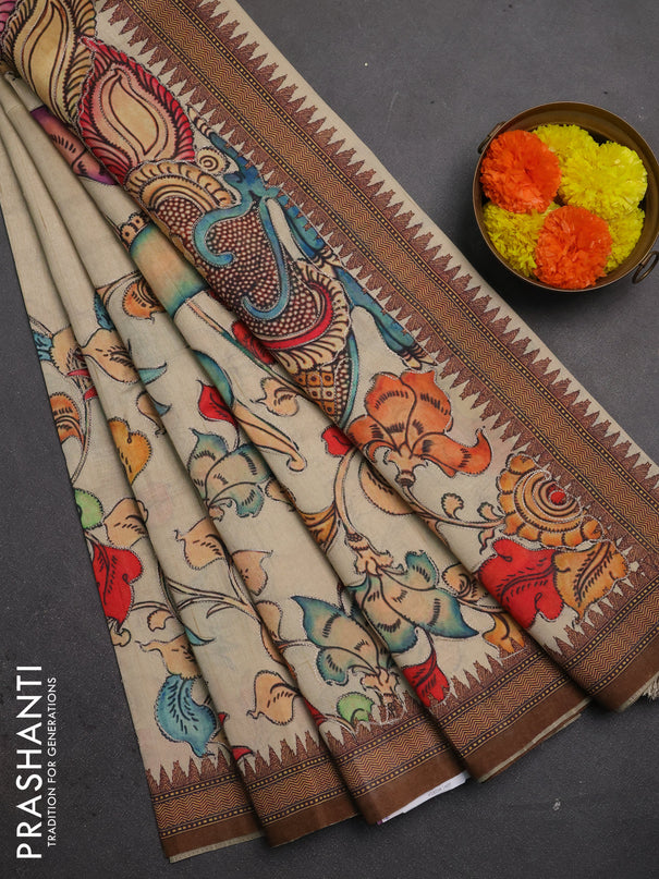 Semi raw silk saree beige and coffee brown with mirror embroidery buttas and long kalamkari printed embroidery border