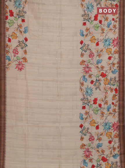 Semi raw silk saree beige and coffee brown with mirror embroidery buttas and long kalamkari printed embroidery border