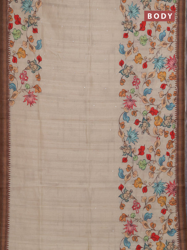 Semi raw silk saree beige and coffee brown with mirror embroidery buttas and long kalamkari printed embroidery border