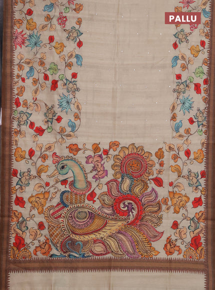 Semi raw silk saree beige and coffee brown with mirror embroidery buttas and long kalamkari printed embroidery border
