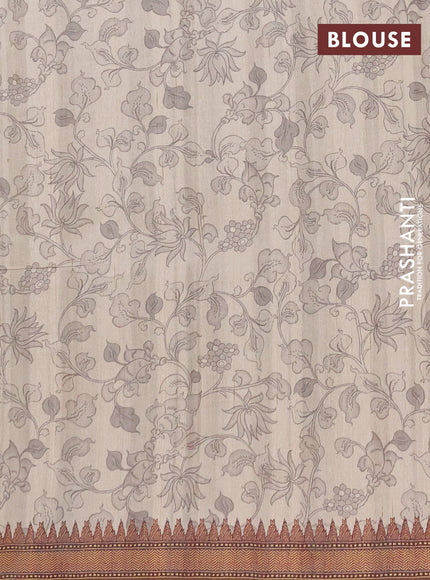 Semi raw silk saree beige and coffee brown with mirror embroidery buttas and long kalamkari printed embroidery border