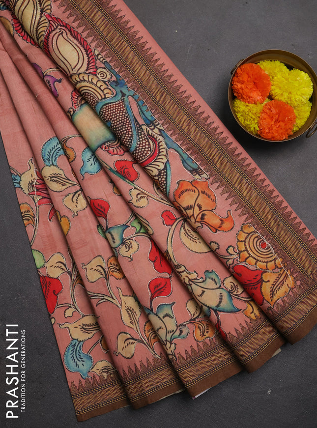 Semi raw silk saree peach shade and coffee brown with mirror embroidery buttas and long kalamkari printed embroidery border