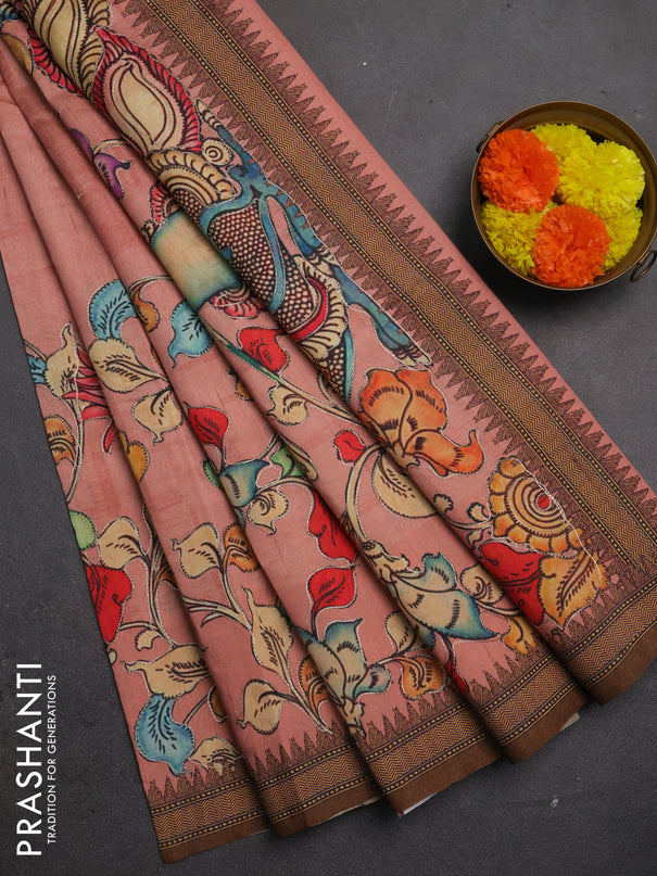 Semi raw silk saree peach shade and coffee brown with mirror embroidery buttas and long kalamkari printed embroidery border