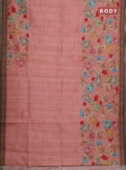Semi raw silk saree peach shade and coffee brown with mirror embroidery buttas and long kalamkari printed embroidery border