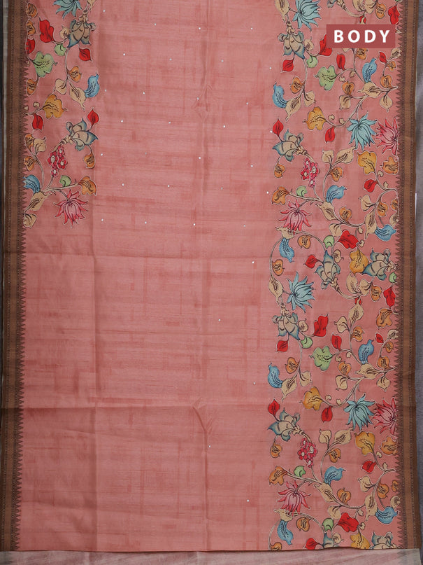 Semi raw silk saree peach shade and coffee brown with mirror embroidery buttas and long kalamkari printed embroidery border