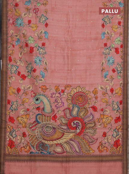 Semi raw silk saree peach shade and coffee brown with mirror embroidery buttas and long kalamkari printed embroidery border