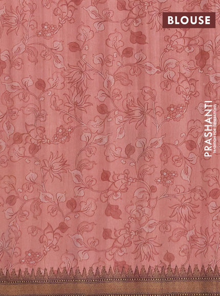 Semi raw silk saree peach shade and coffee brown with mirror embroidery buttas and long kalamkari printed embroidery border