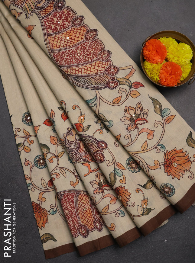 Semi raw silk saree beige and coffee brown with plain body and long kalamkari printed embroidery border