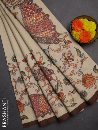 Semi raw silk saree beige and coffee brown with plain body and long kalamkari printed embroidery border